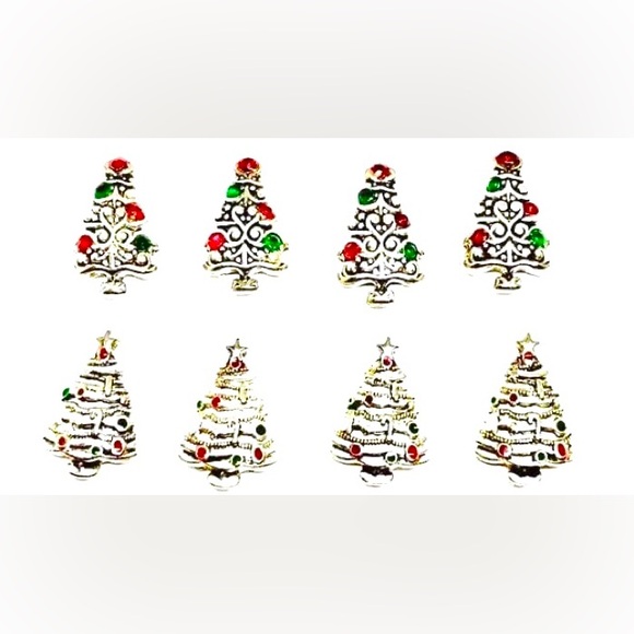 Silver Red Green Rhinestone Enamel Christmas Tree 2 Hole Slider Beads Lot of 8 - Picture 1 of 4
